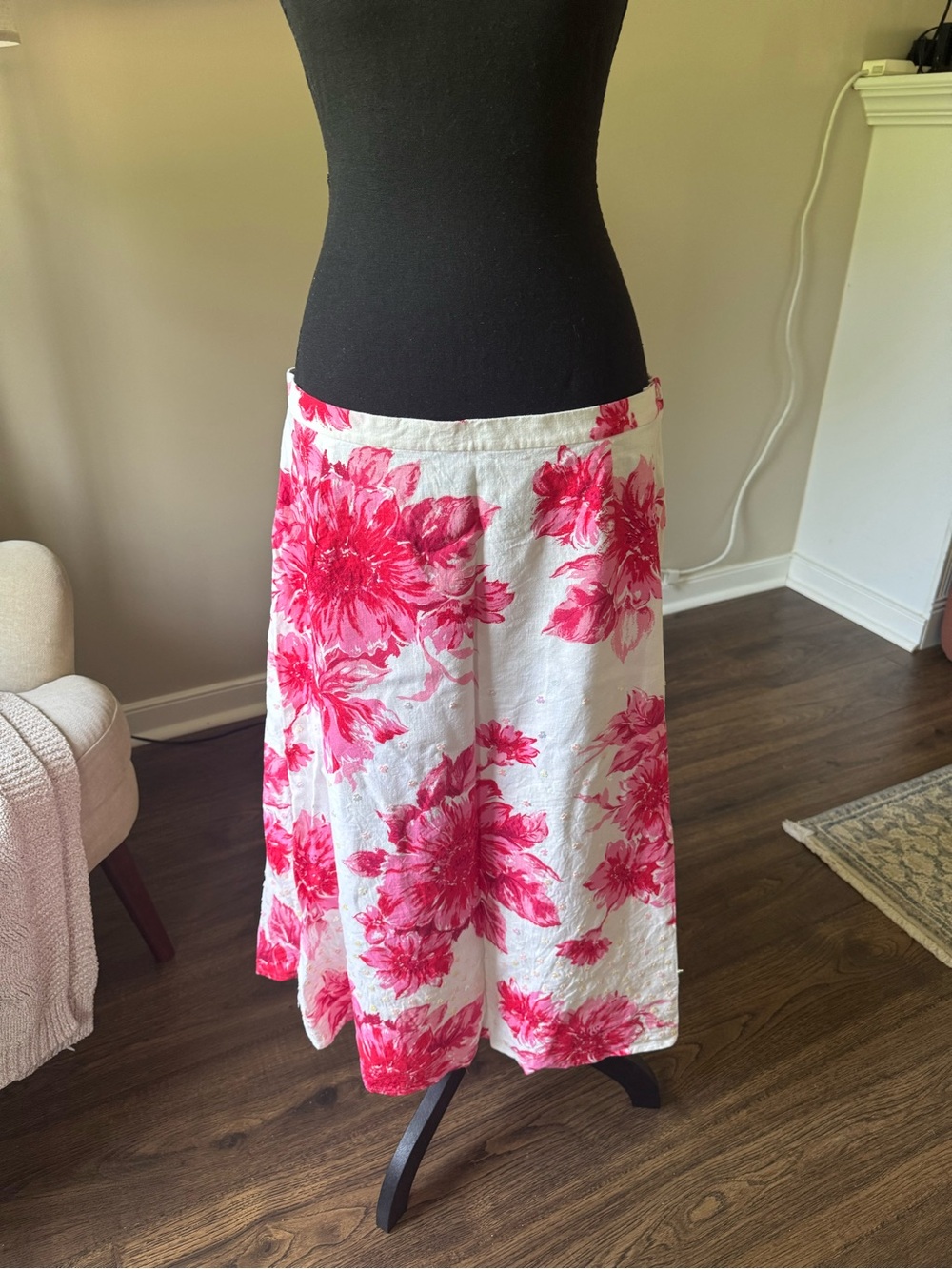 Coldwater Creek White Linen A-Line Skirt with Pink Floral Print
